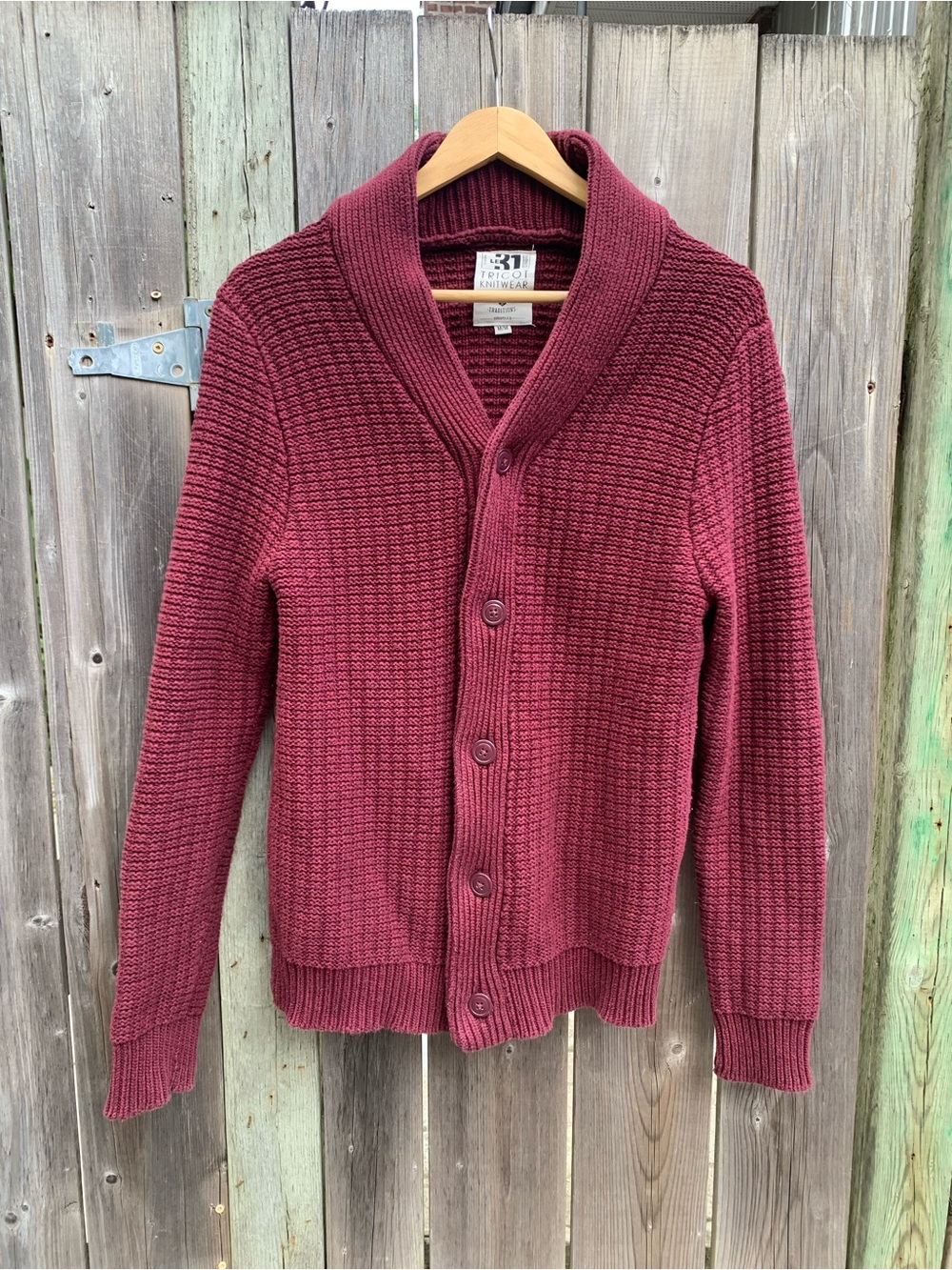 100% Cotton Le 31 Burgundy Shawl Collar Waffle Knit Cardigan Sweater Size M